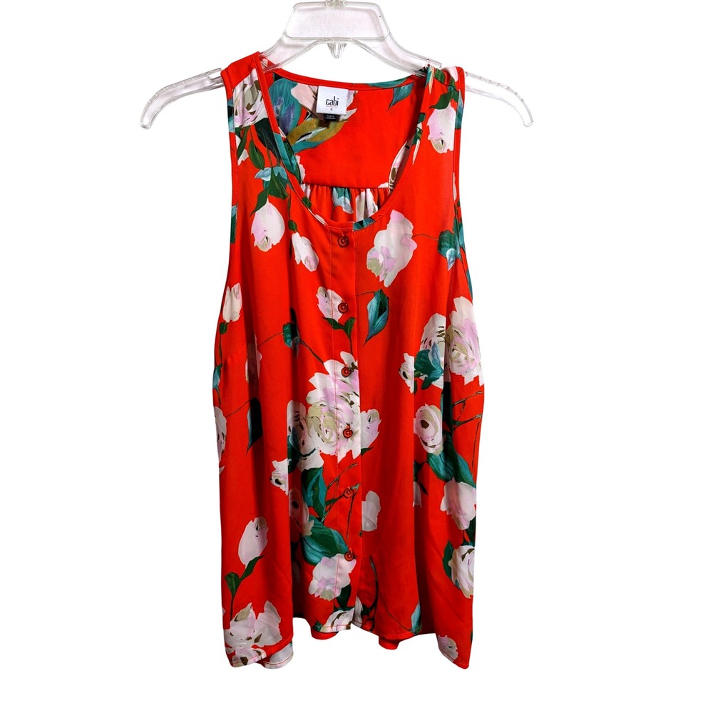 Cabi Red Floral Rose Sleeveless Button Front Pleat Back Tank Top Womens S career